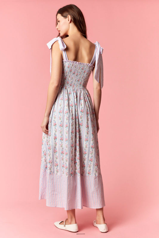 Peach Love | Floral Stripe Bow Tie Strap Dress