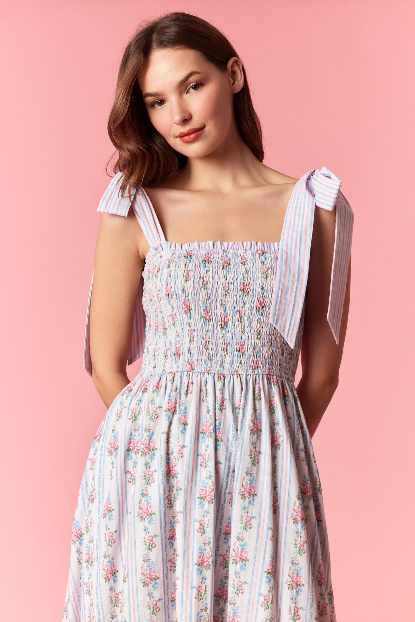 Peach Love | Floral Stripe Bow Tie Strap Dress
