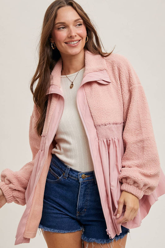 Fleece Contrast Zip-up Front Babydoll Jacket