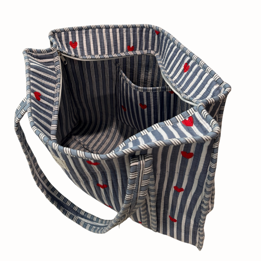 Hart & Hollow | Quilted Tote Bag – Blue Stripes & Red Heart Print