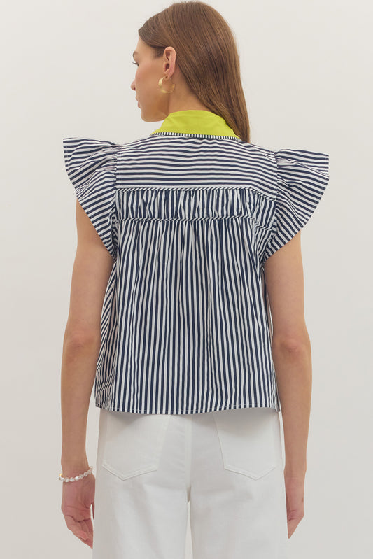 entro | Stripe Top with Contrast Collar - Navy