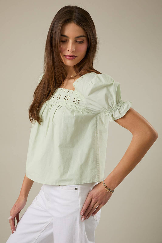 Sunday Edition | Square Neck Short Sleeve Eyelet Blouse – Light Sage