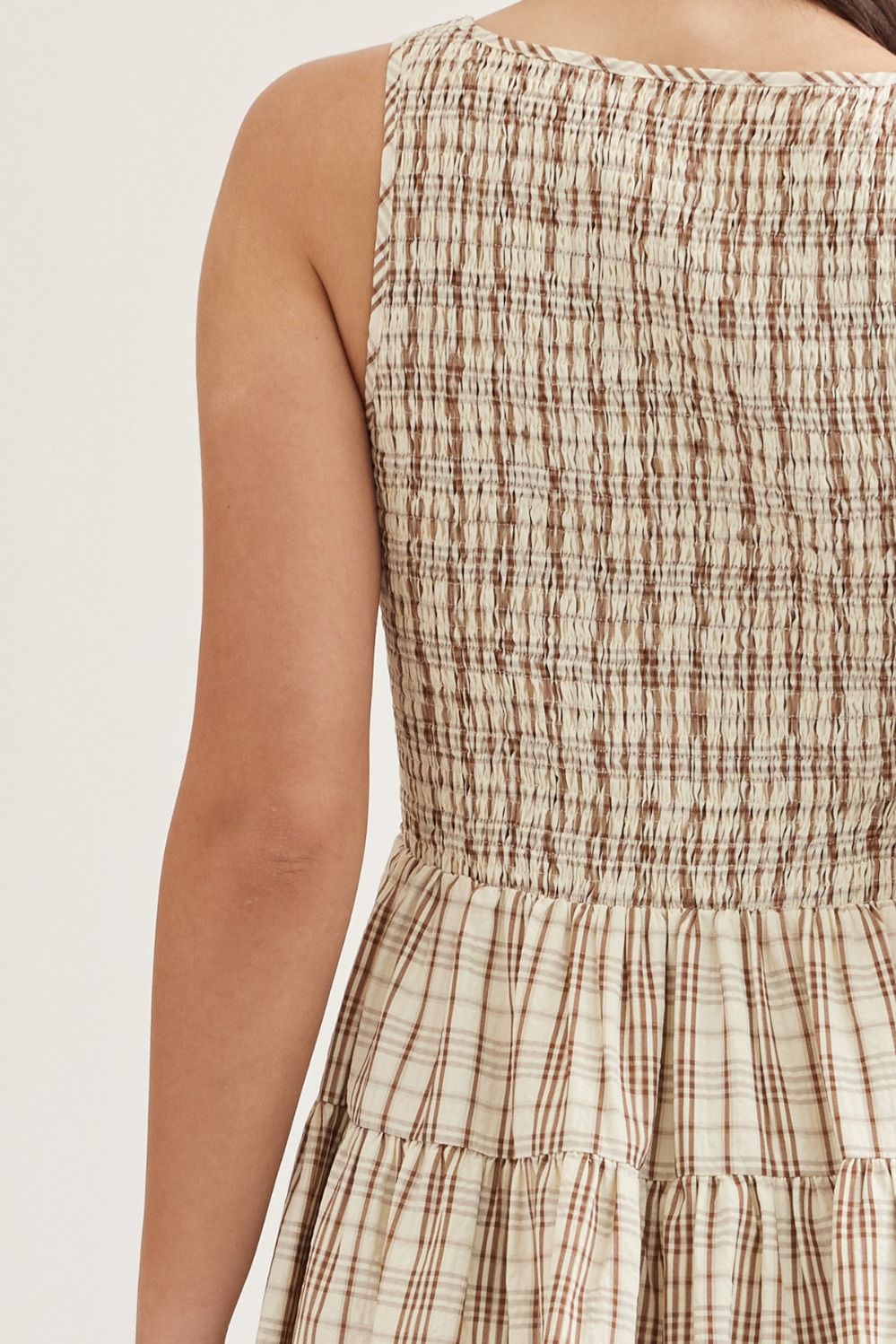 entro | Plaid Sleeveless Smocked Tan Mini Dress