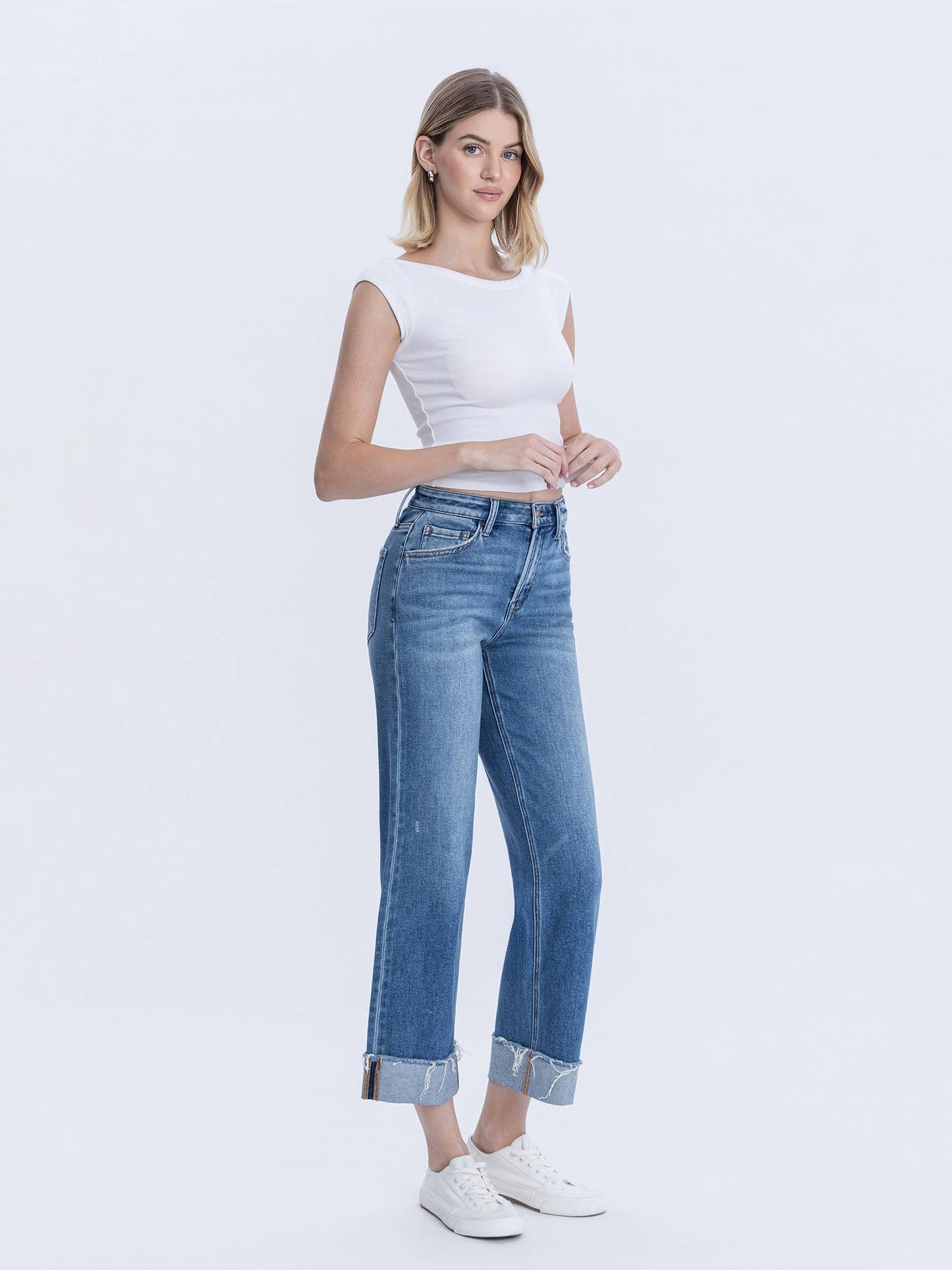 Flying Monkey High Rise Raw Cuffed Hem Slim Wide Jeans (F6204)