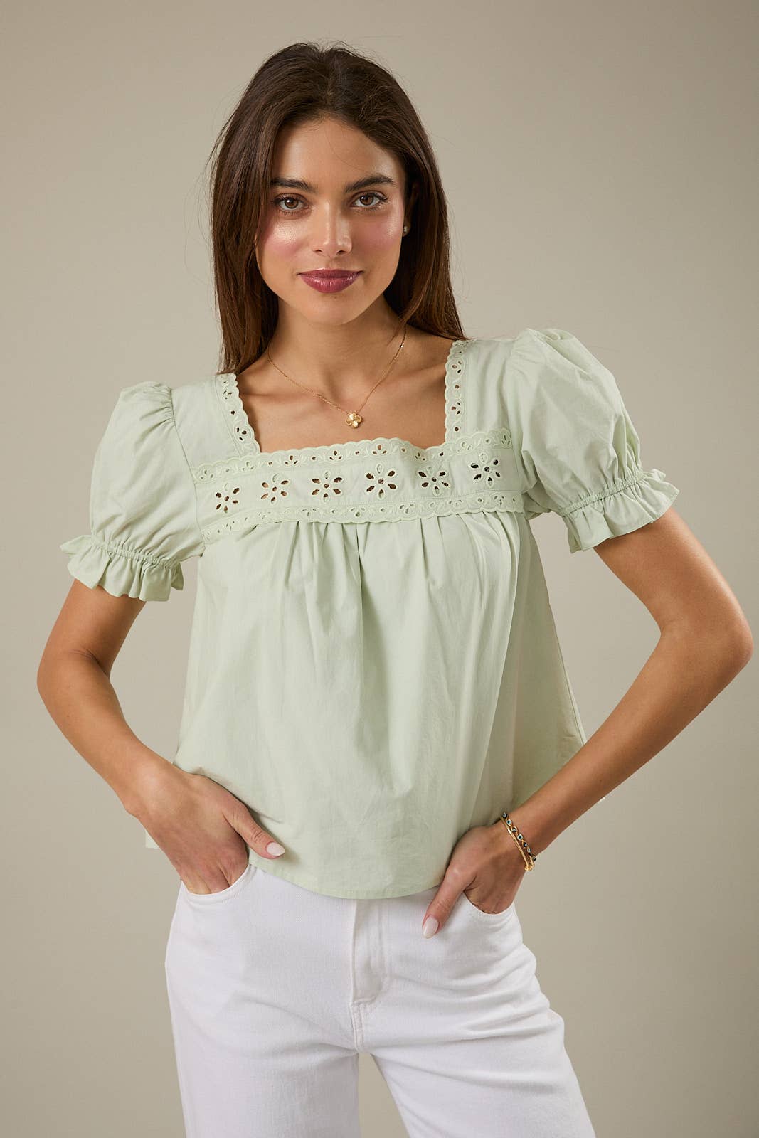 Sunday Edition | Square Neck Short Sleeve Eyelet Blouse – Light Sage