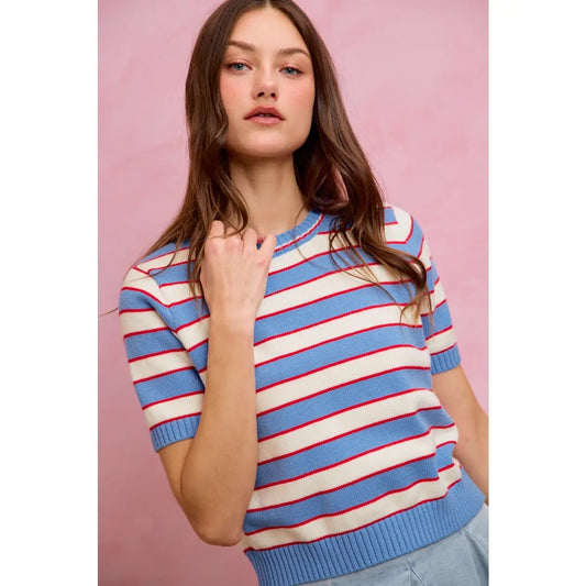 So Me | Stripe Knit Crew Neck Short Sleeve Sweater Top