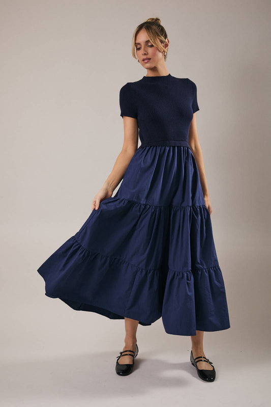 Sunday Edition | Mock Neck Short Sleeve Tiered Midi Dress