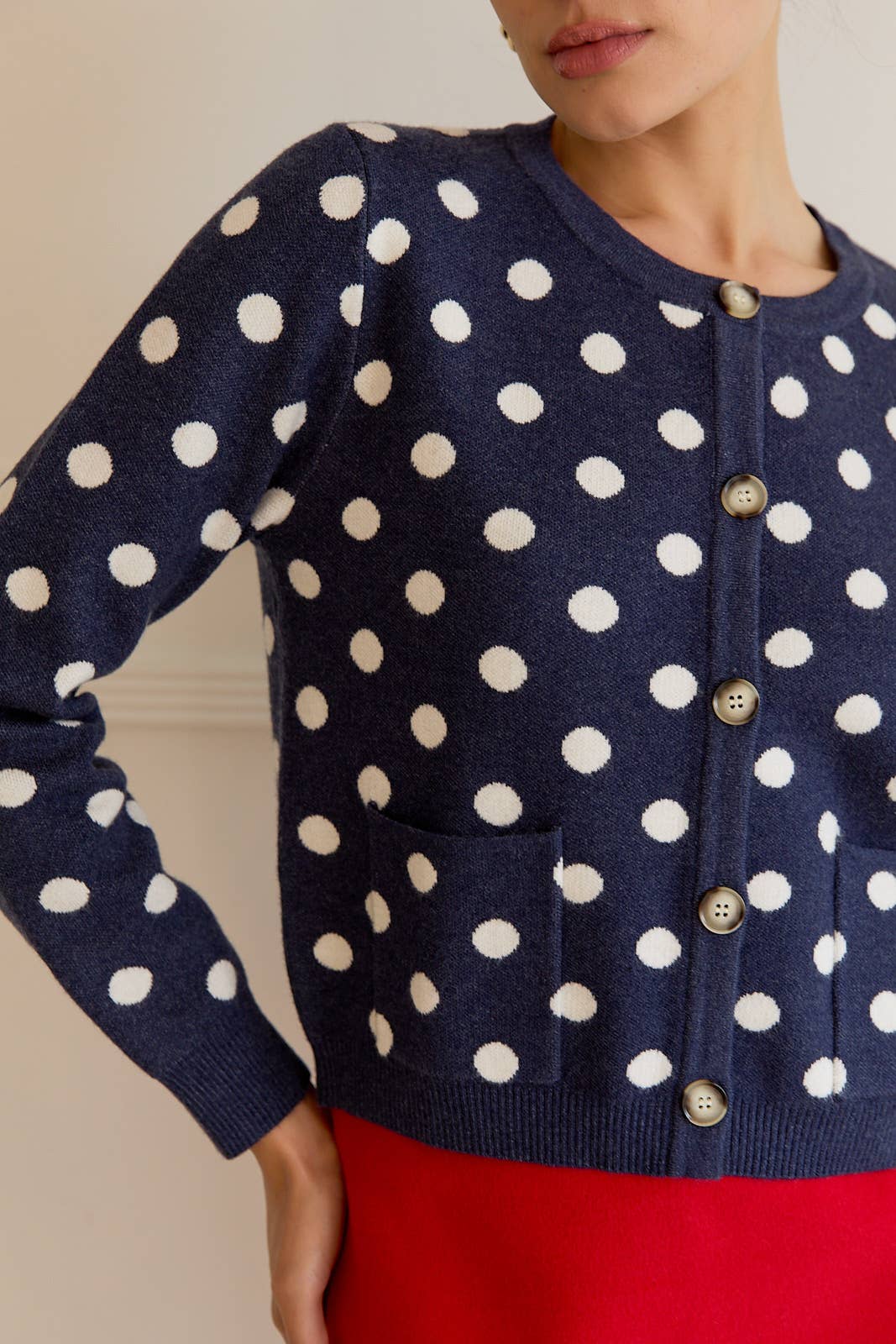Round Neck Button Up Polka Dot Sweater Cardigan