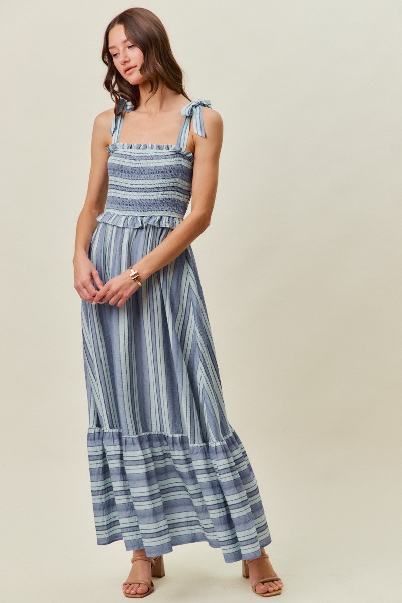 So Me | Stripe Smocked Tiered Midi Dress with Shoulder Ties