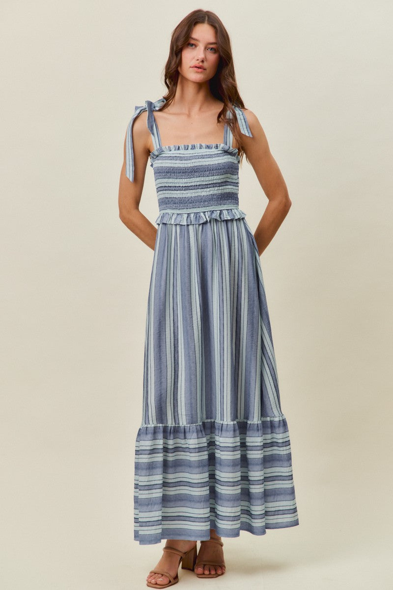So Me | Stripe Smocked Tiered Midi Dress with Shoulder Ties