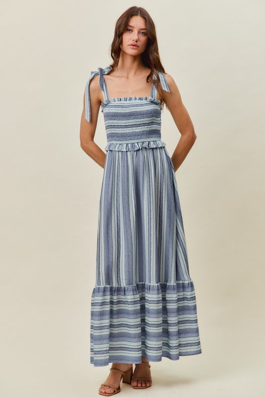 So Me | Stripe Smocked Tiered Midi Dress with Shoulder Ties