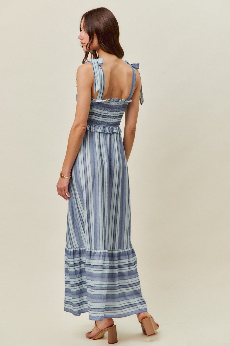 So Me | Stripe Smocked Tiered Midi Dress with Shoulder Ties