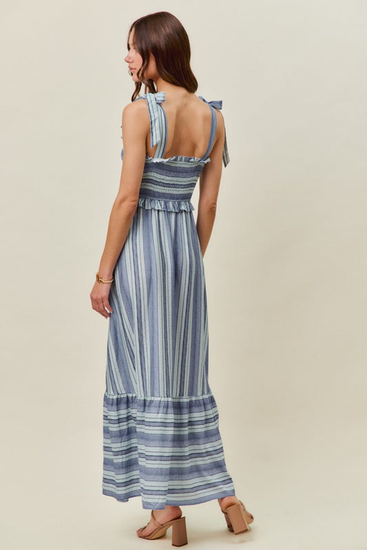 So Me | Stripe Smocked Tiered Midi Dress with Shoulder Ties