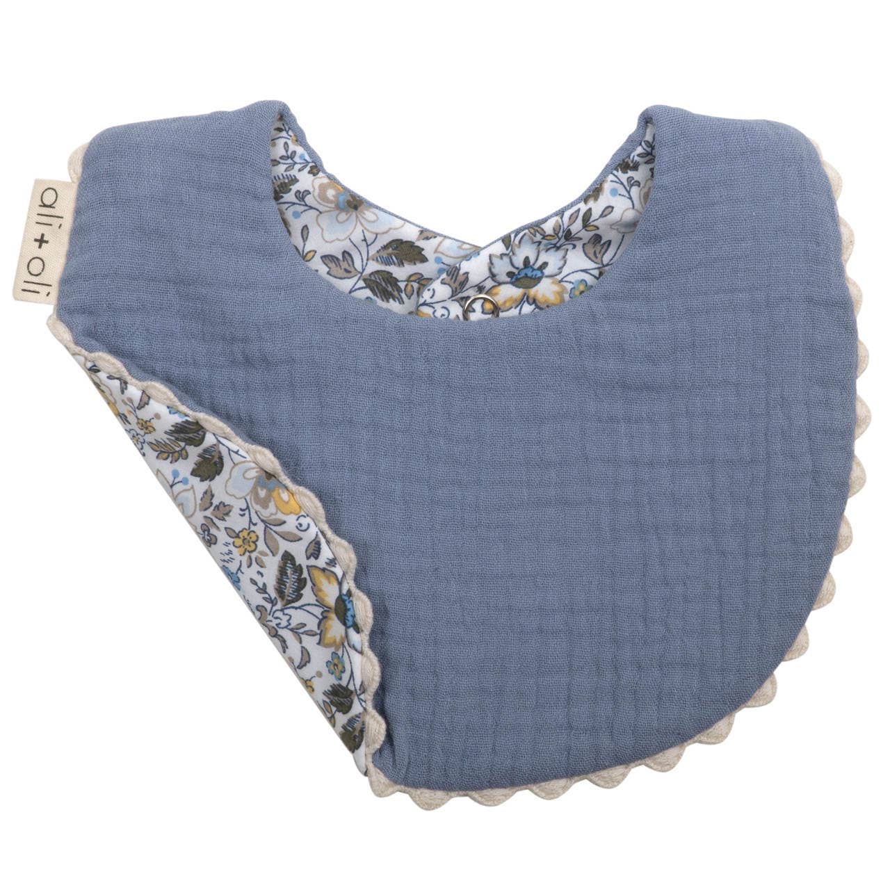 ali+oli | Reversible Muslin Cotton Baby Bib – Double Sided (Blue / Floral)