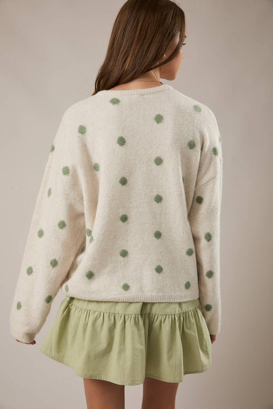 LE LIS | Long Sleeve Crew Neck Polka Dot Sweater Cardigan