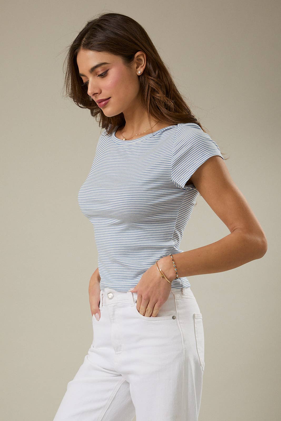Sunday Edition | Boat Neck Short Sleeve Stripe Knit Top Blue