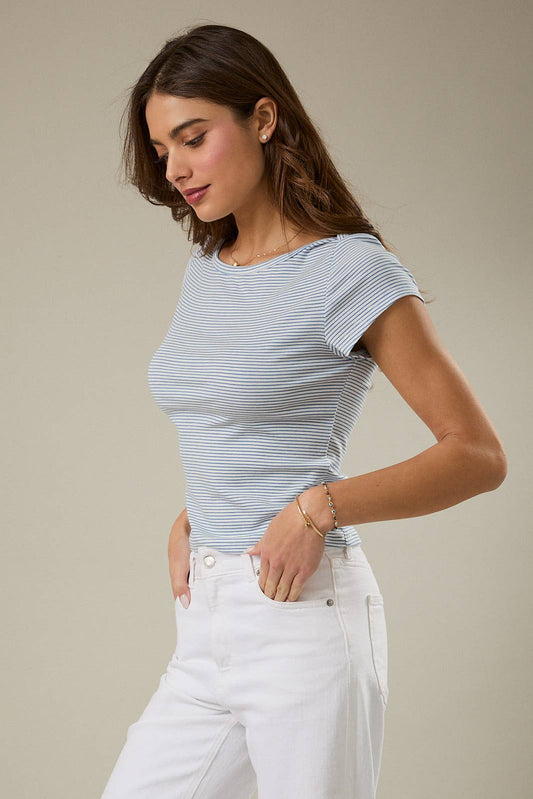 Sunday Edition | Boat Neck Short Sleeve Stripe Knit Top Blue