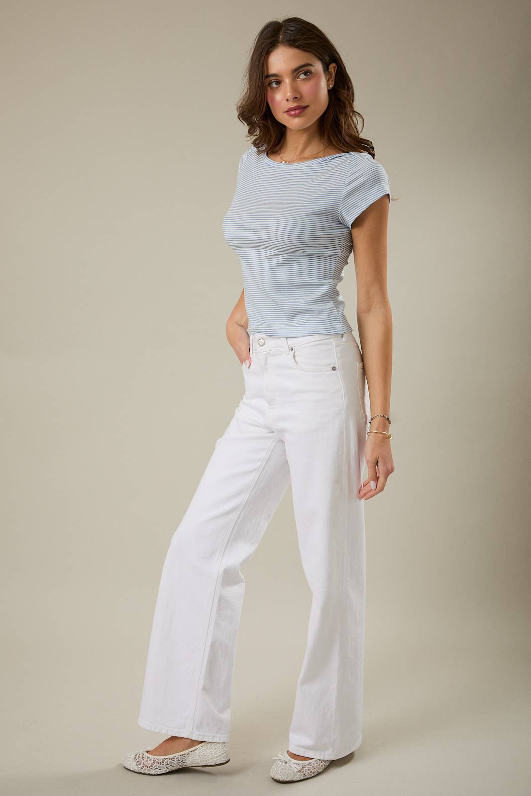 Sunday Edition | Boat Neck Short Sleeve Stripe Knit Top Blue