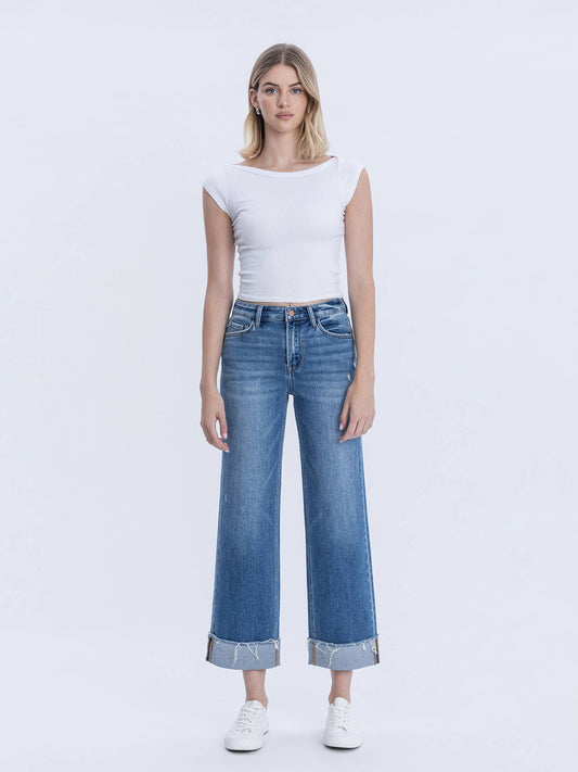 Flying Monkey High Rise Raw Cuffed Hem Slim Wide Jeans (F6204)