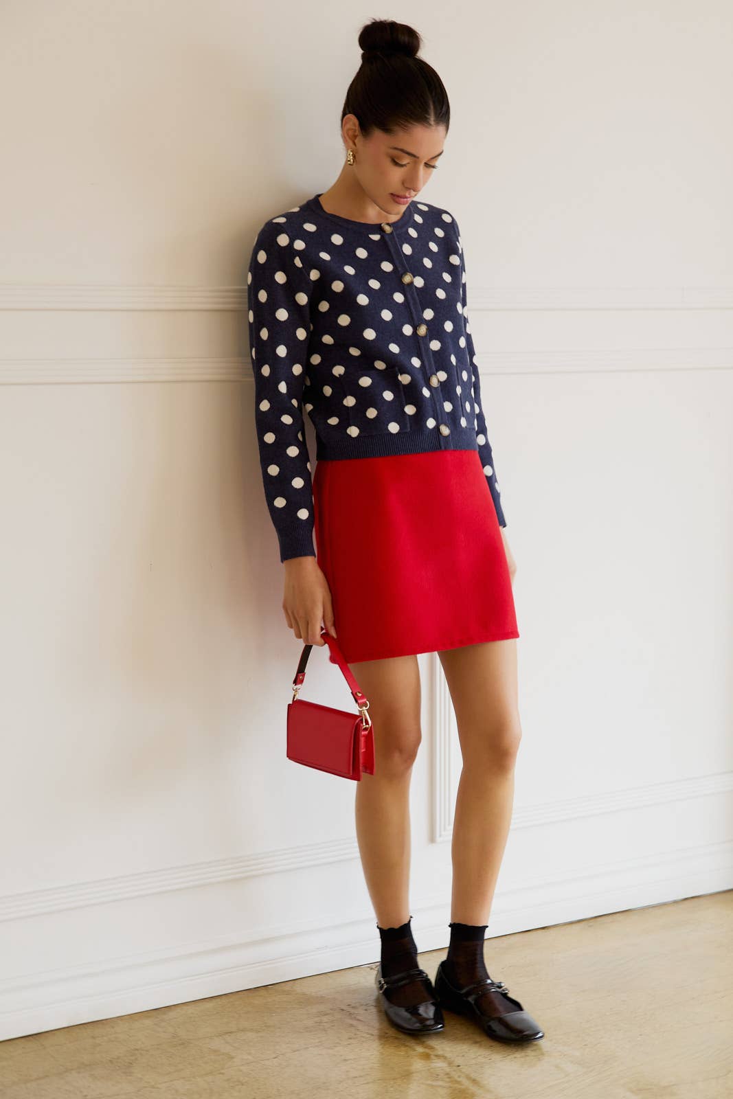 Round Neck Button Up Polka Dot Sweater Cardigan