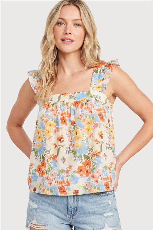 Staccato | Square Neck Ruffle Sleeve Floral Top