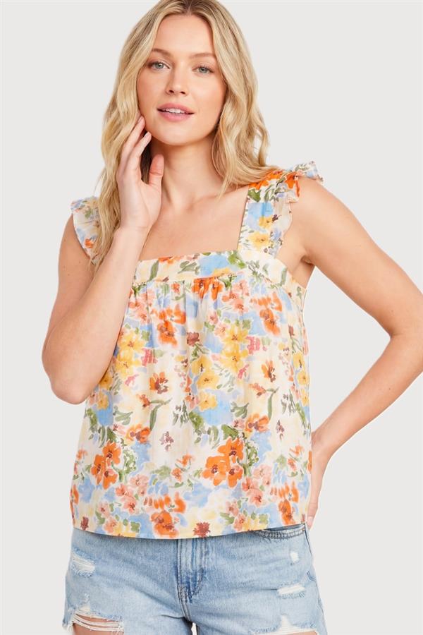 Staccato | Square Neck Ruffle Sleeve Floral Top