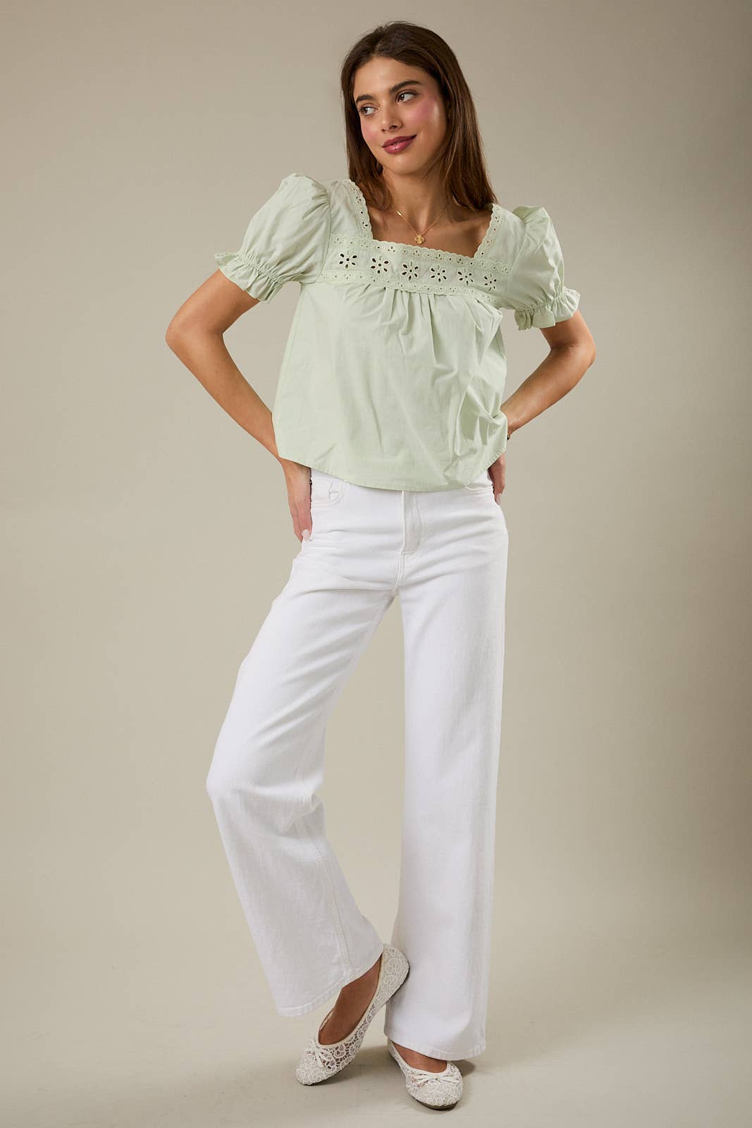 Sunday Edition | Square Neck Short Sleeve Eyelet Blouse – Light Sage
