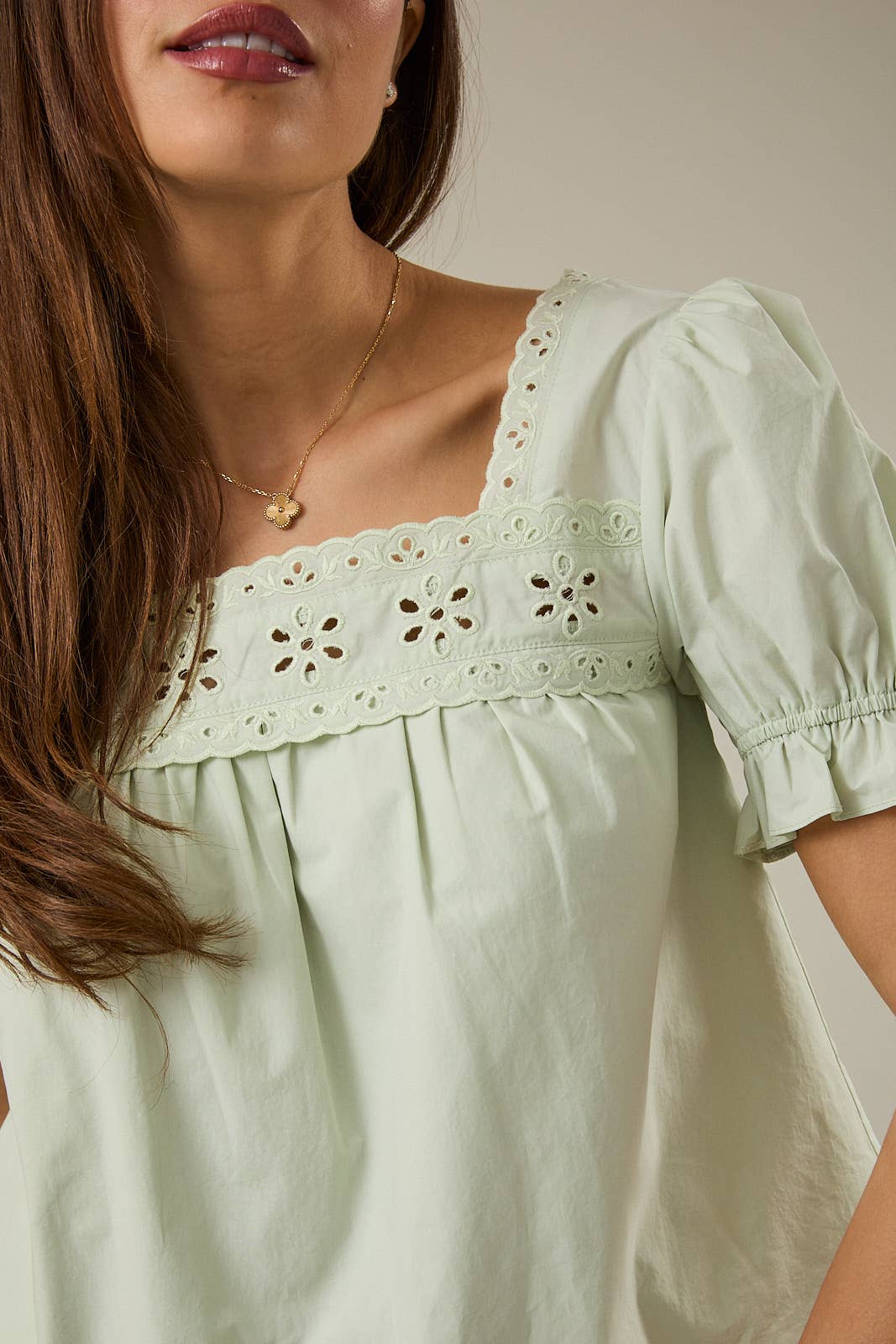 Sunday Edition | Square Neck Short Sleeve Eyelet Blouse – Light Sage