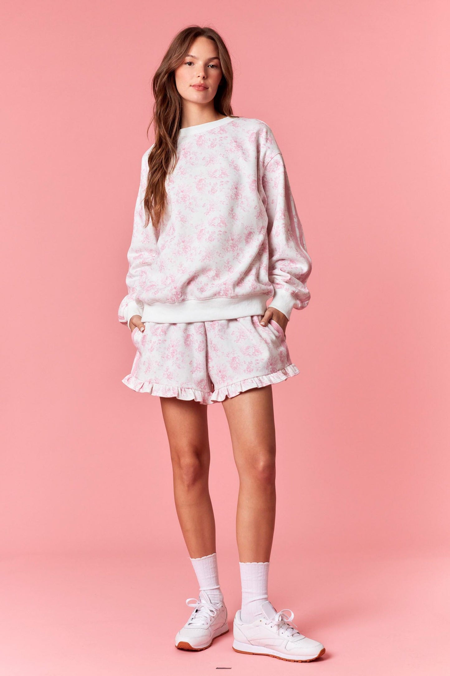 Peach Love | Double Tape Line Floral French Terry Sweatshirt