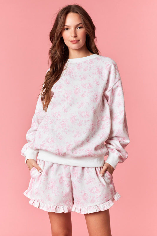 Peach Love | Double Tape Line Floral French Terry Sweatshirt
