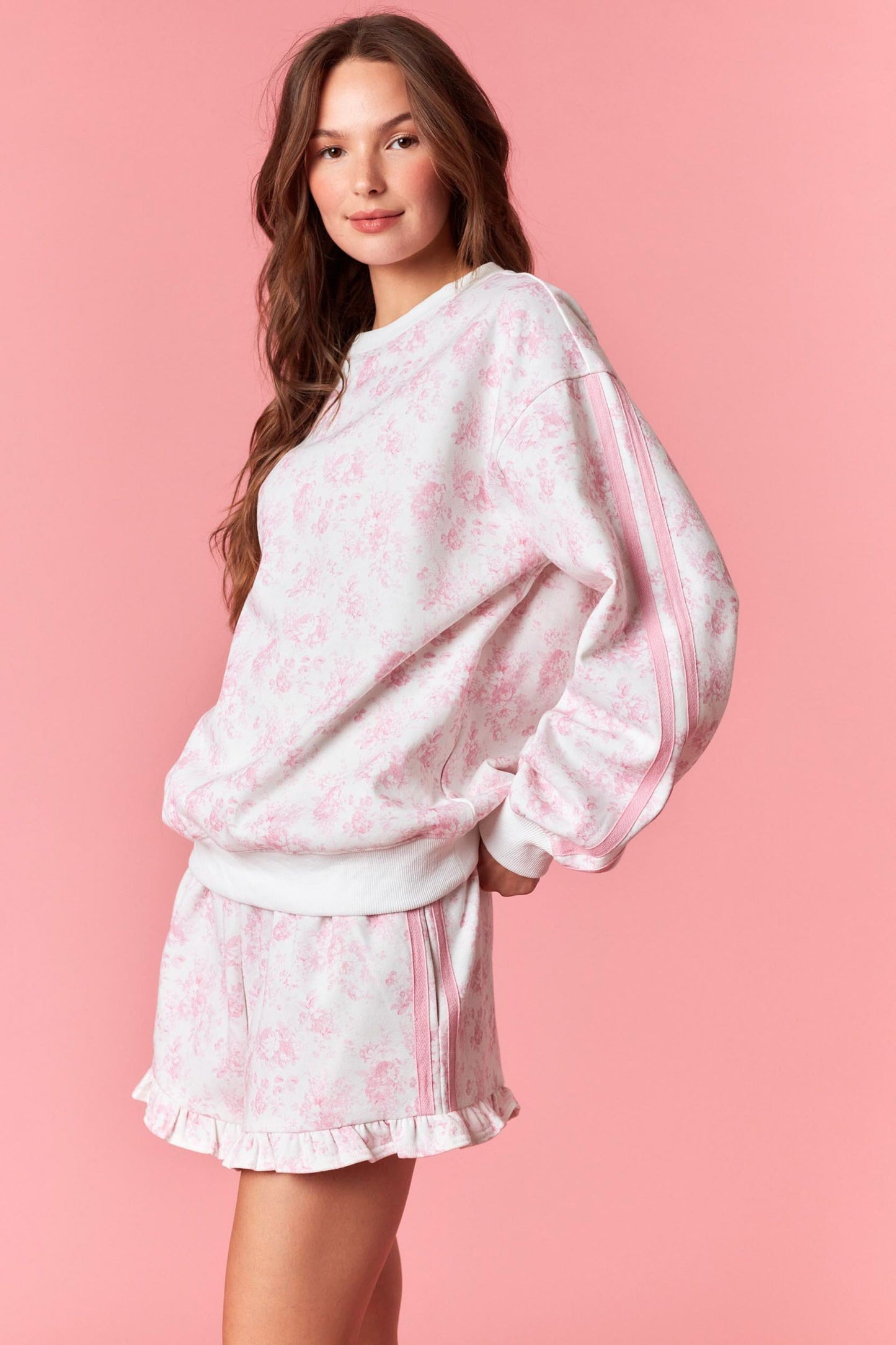 Peach Love | Double Tape Line Floral French Terry Sweatshirt