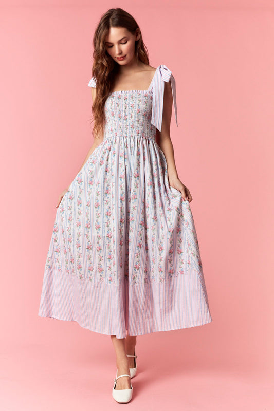 Peach Love | Floral Stripe Bow Tie Strap Dress