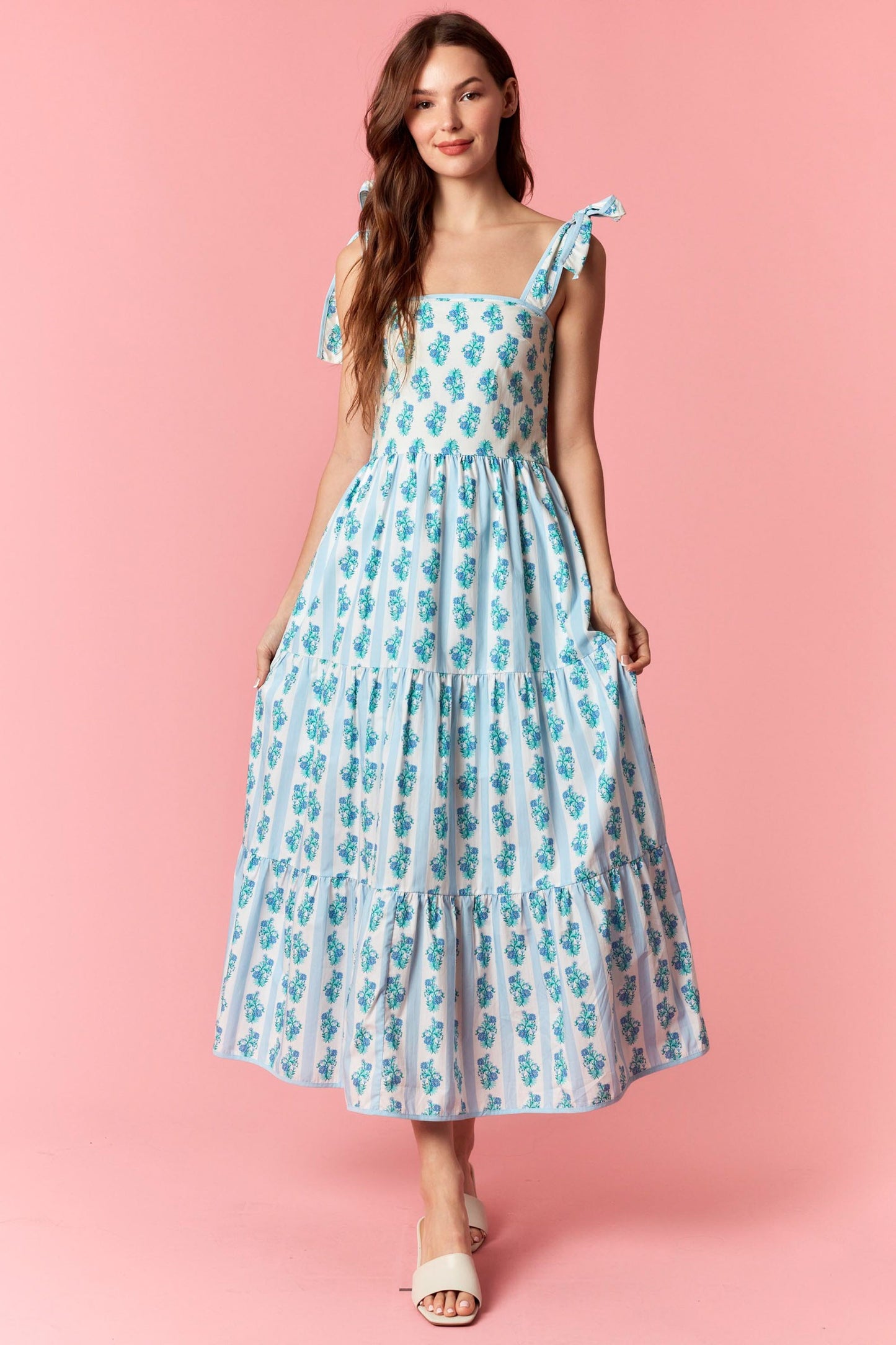 Peach Love | Floral Print Midi Dress with Tie Shoulder Straps