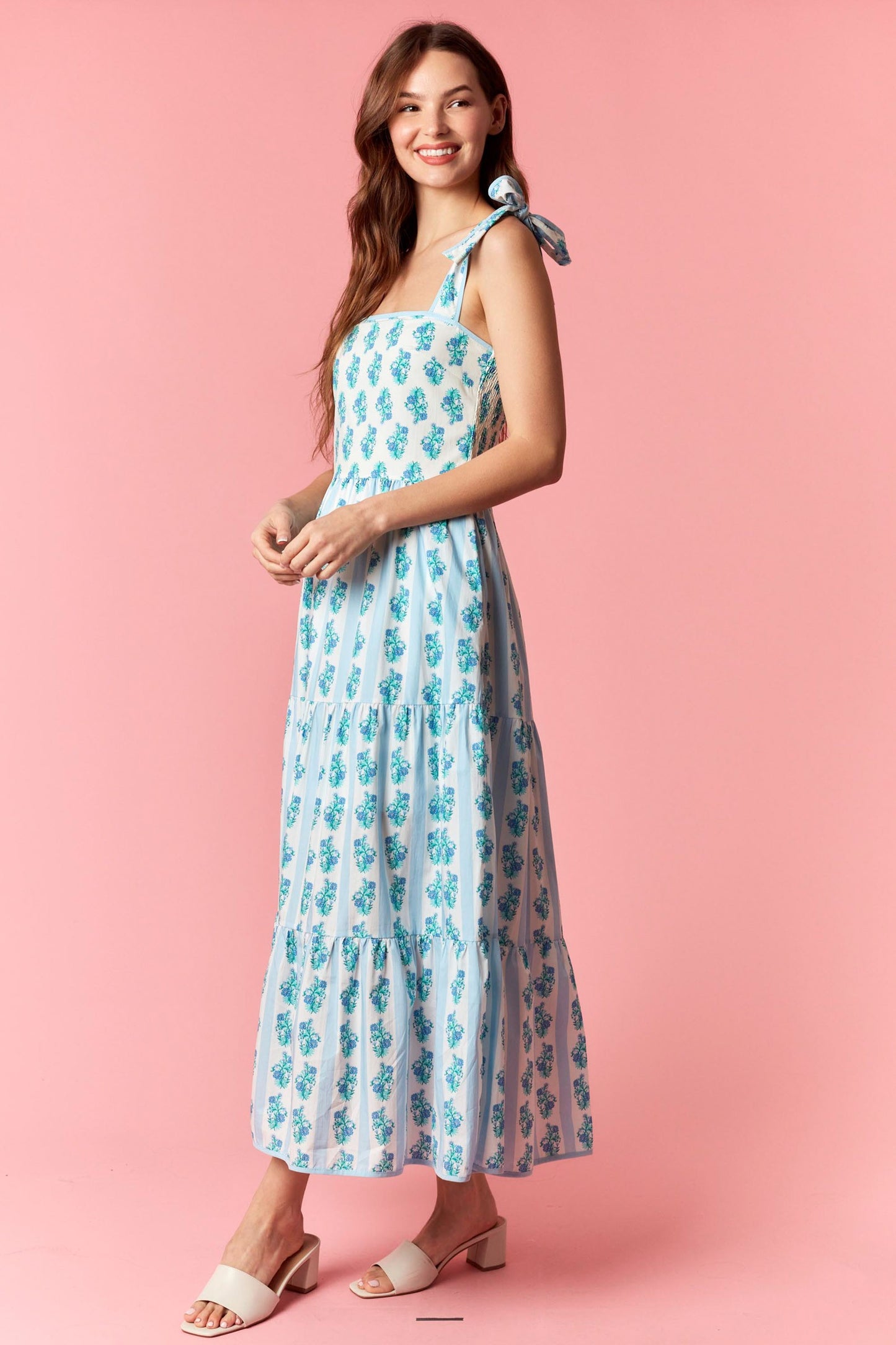 Peach Love | Floral Print Midi Dress with Tie Shoulder Straps