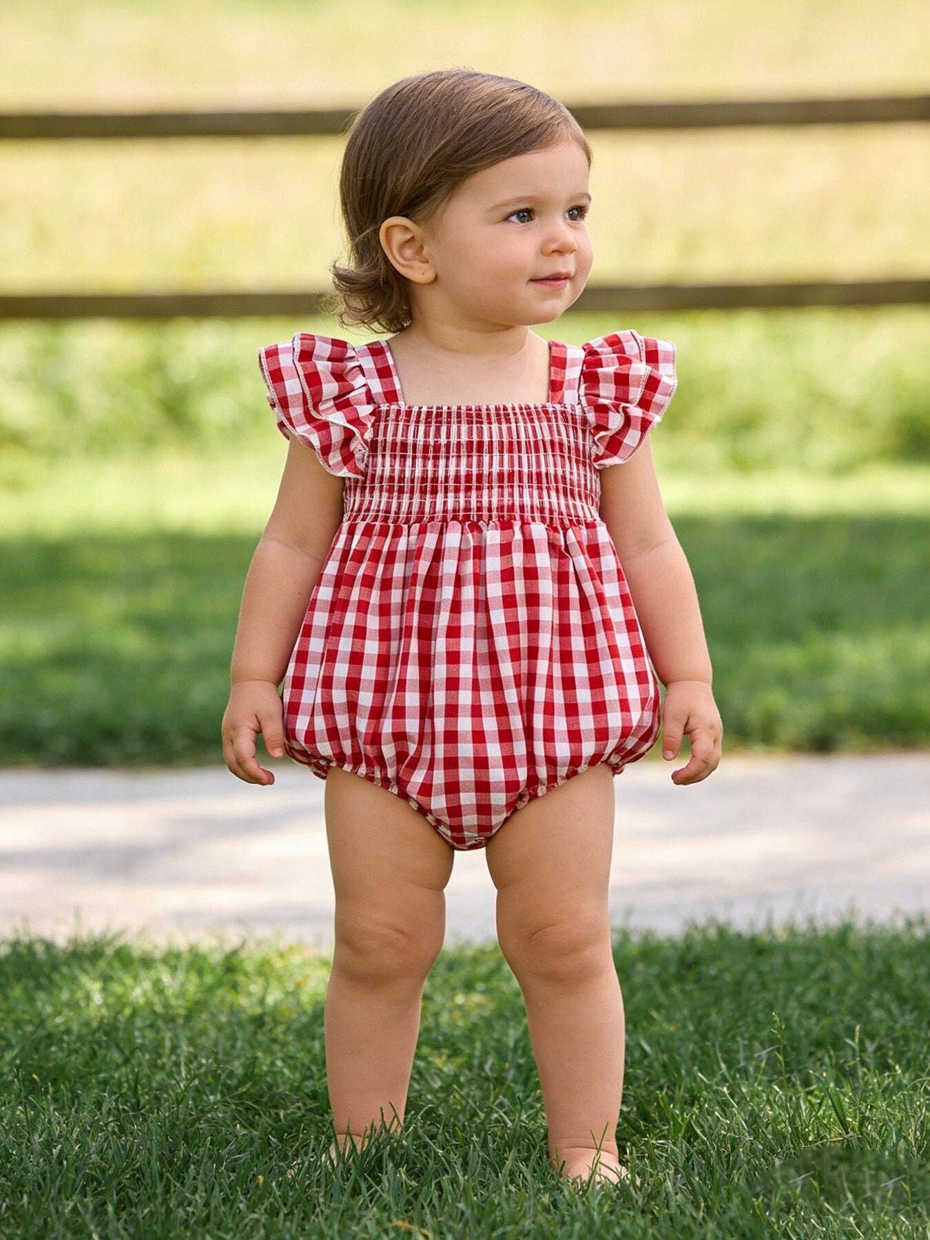 Summer Plaid Smocked Ruffle Girl Romper