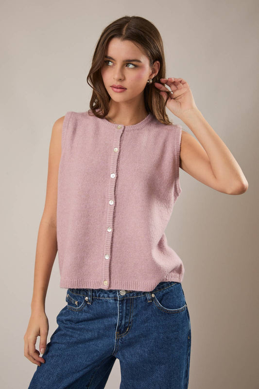 LE LIS Sleeveless Crew Neck Sweater Cardigan