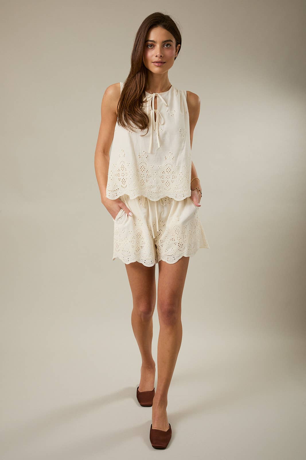 Sunday Edition |  Sleeveless Front Ties Scallop Eyelet Top