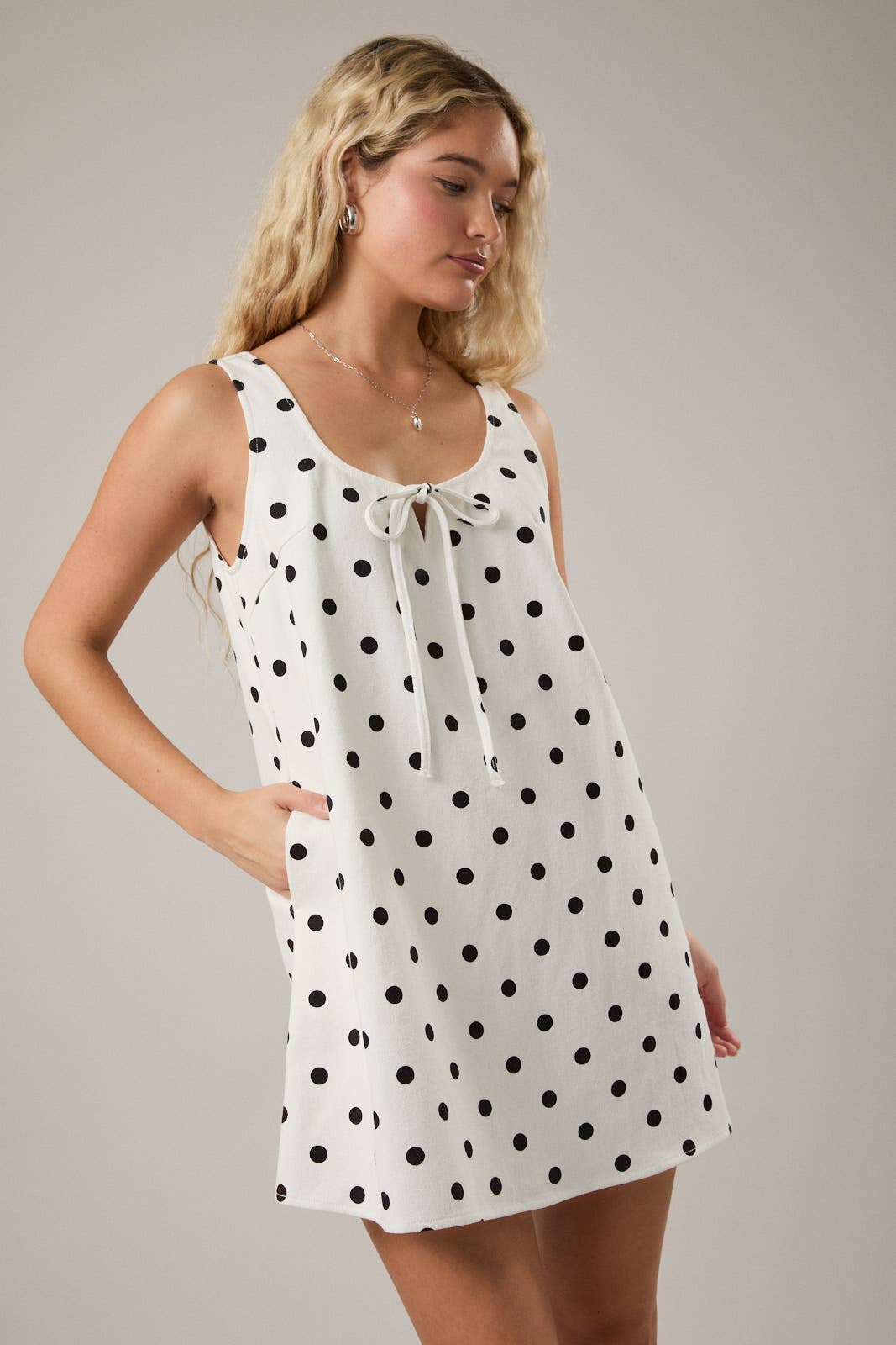 LE LIS |  Sleeveless Scoop Neck Polka Dot Denim Mini Dress
