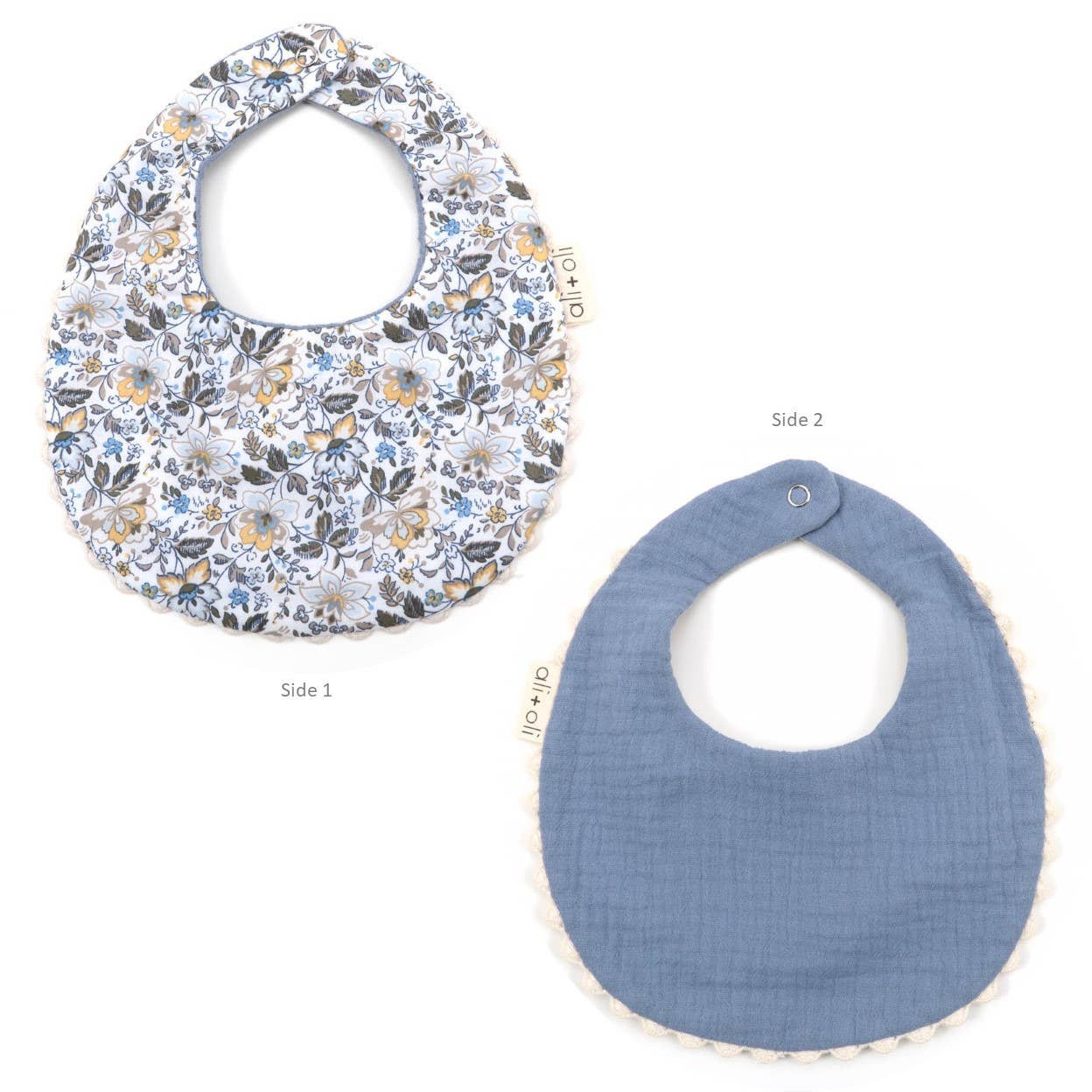 ali+oli | Reversible Muslin Cotton Baby Bib – Double Sided (Blue / Floral)