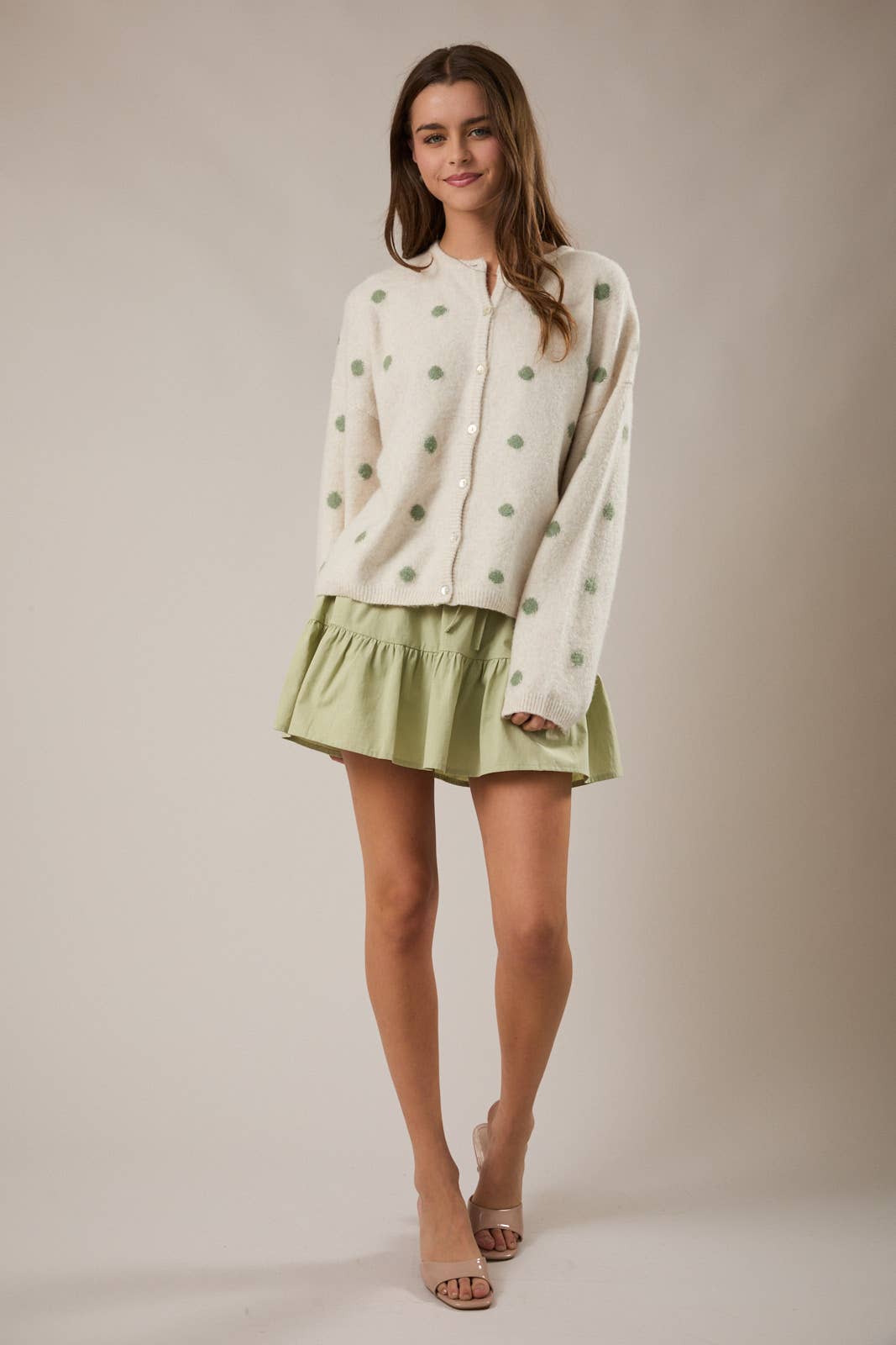 LE LIS | Long Sleeve Crew Neck Polka Dot Sweater Cardigan