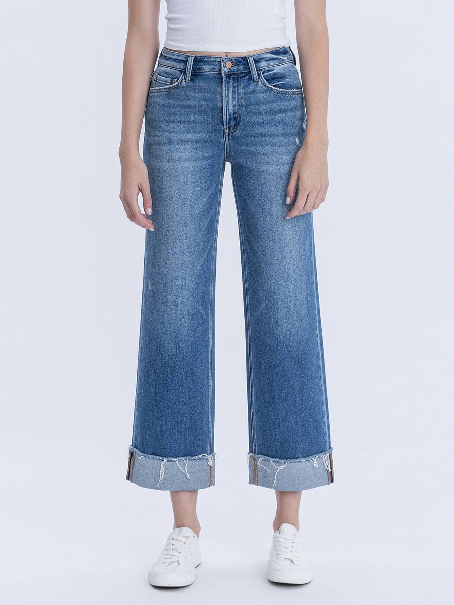 Flying Monkey High Rise Raw Cuffed Hem Slim Wide Jeans (F6204)