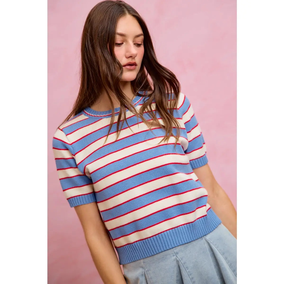So Me | Stripe Knit Crew Neck Short Sleeve Sweater Top