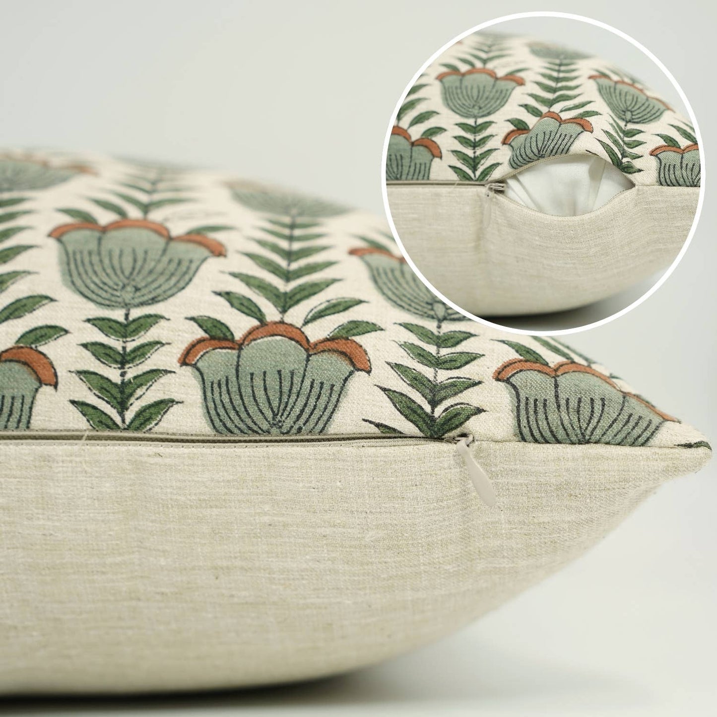 Decorative Block Print Linen Blend Pillow - Lotus