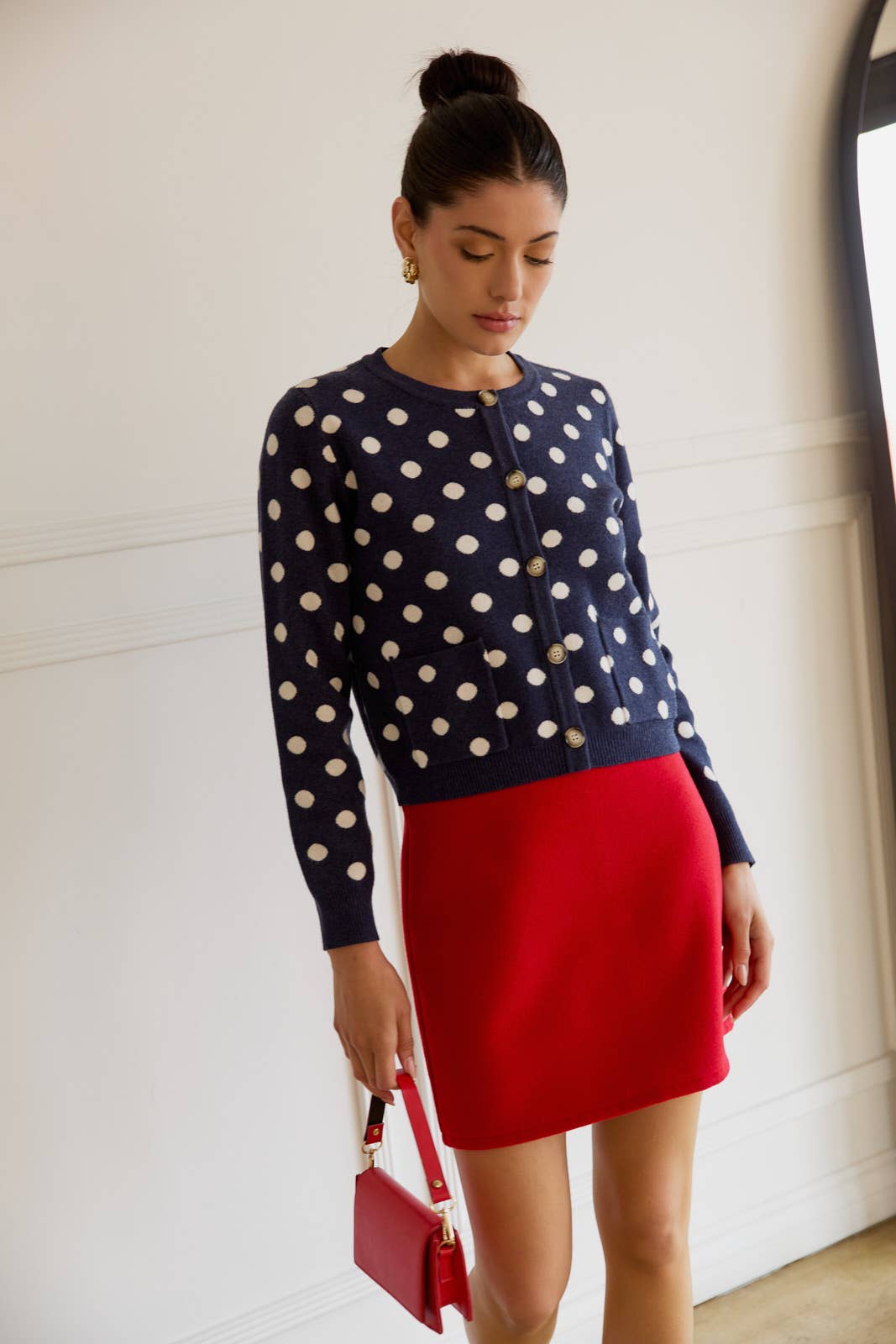 Round Neck Button Up Polka Dot Sweater Cardigan