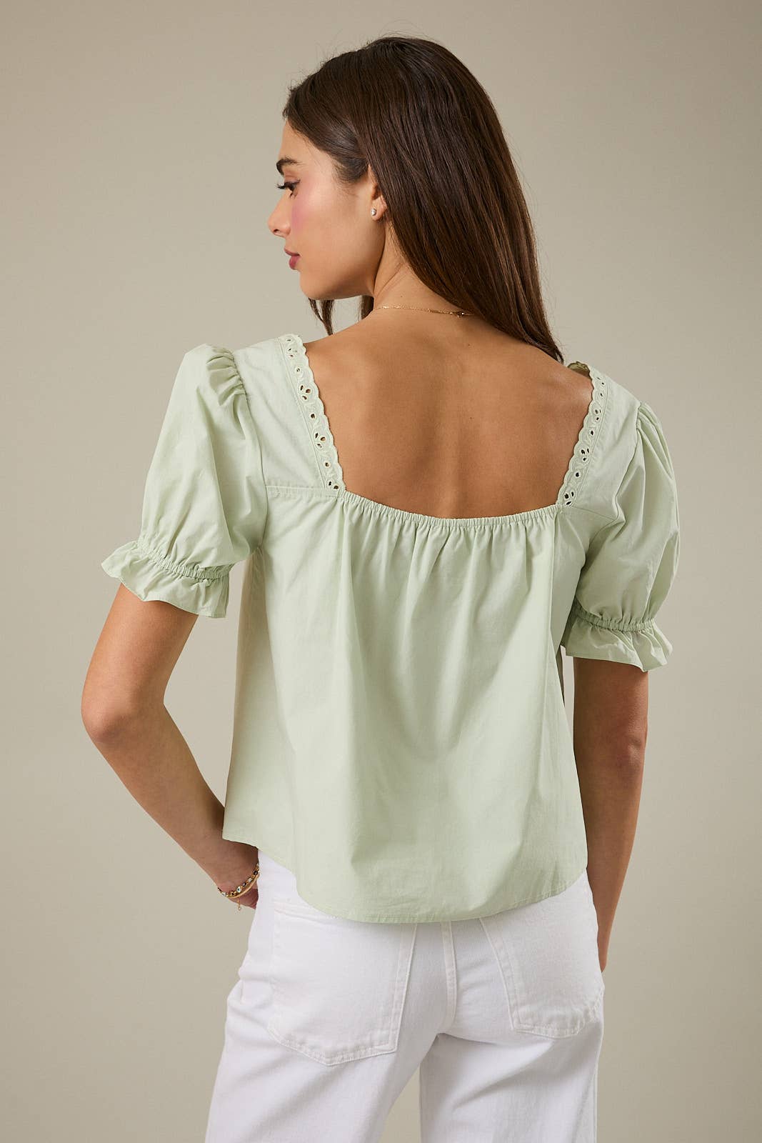Sunday Edition | Square Neck Short Sleeve Eyelet Blouse – Light Sage