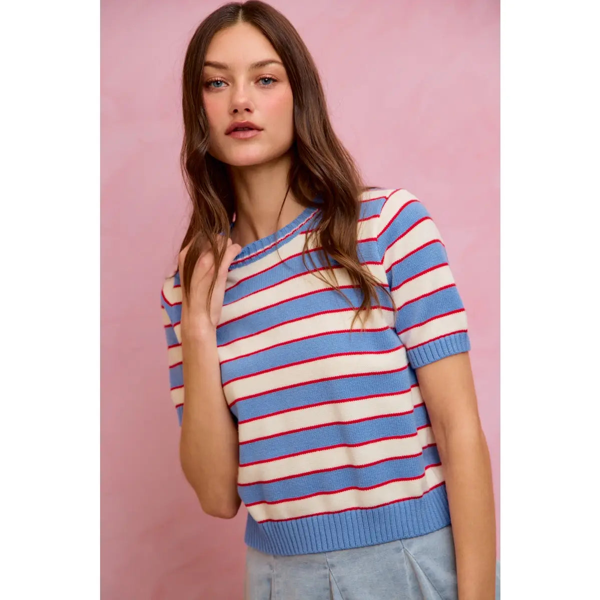 So Me | Stripe Knit Crew Neck Short Sleeve Sweater Top