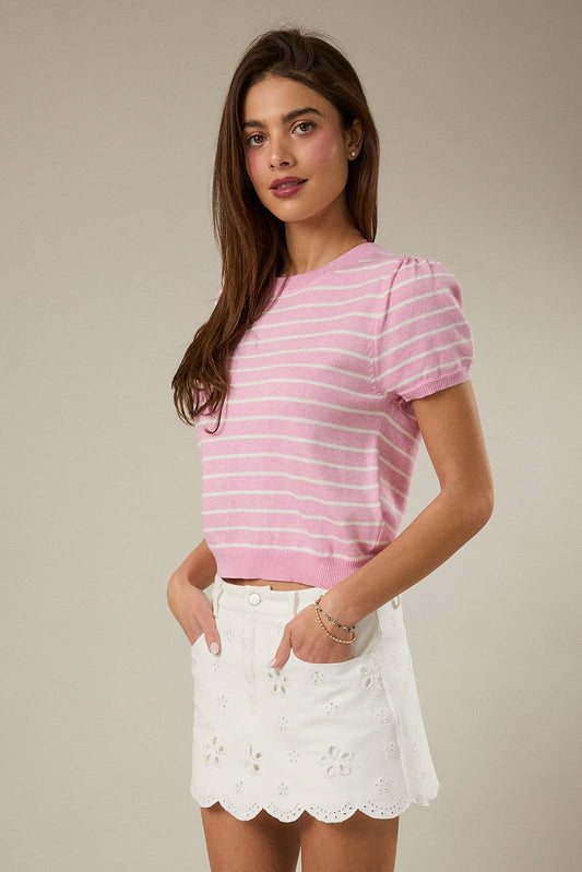 Sunday Edition | Half Sleeve Crew Neck Puff Striped Sweater Top Pink