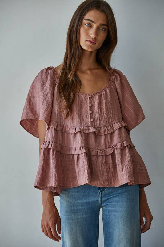Woven Rayon Tencel V-Neck Short Cap Sleeve Top