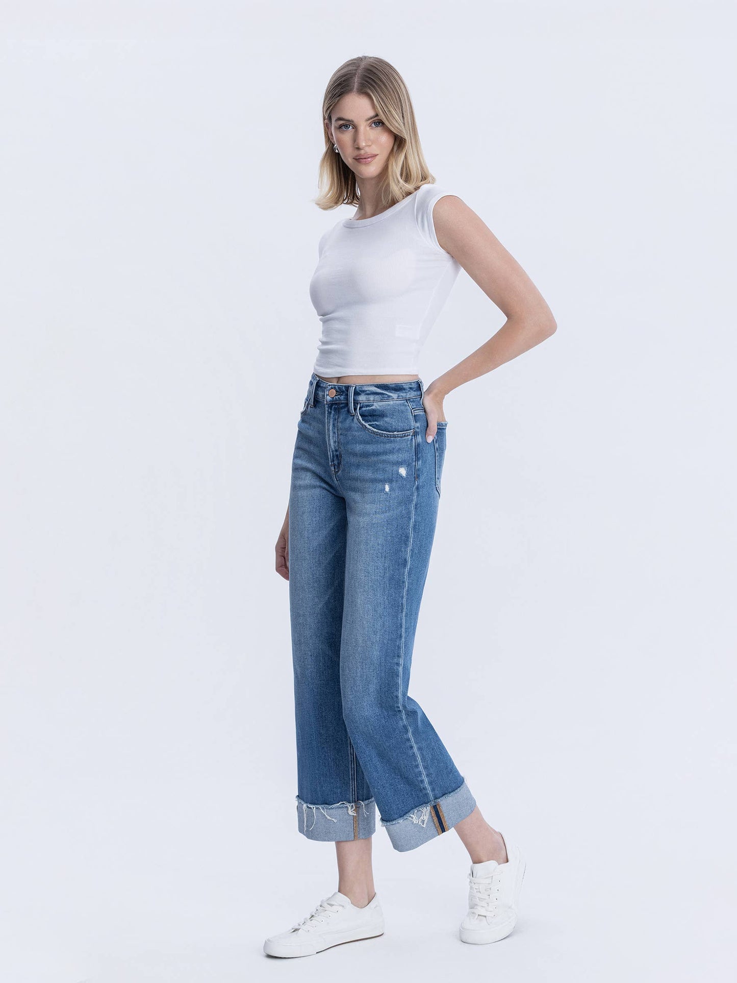 Flying Monkey High Rise Raw Cuffed Hem Slim Wide Jeans (F6204)