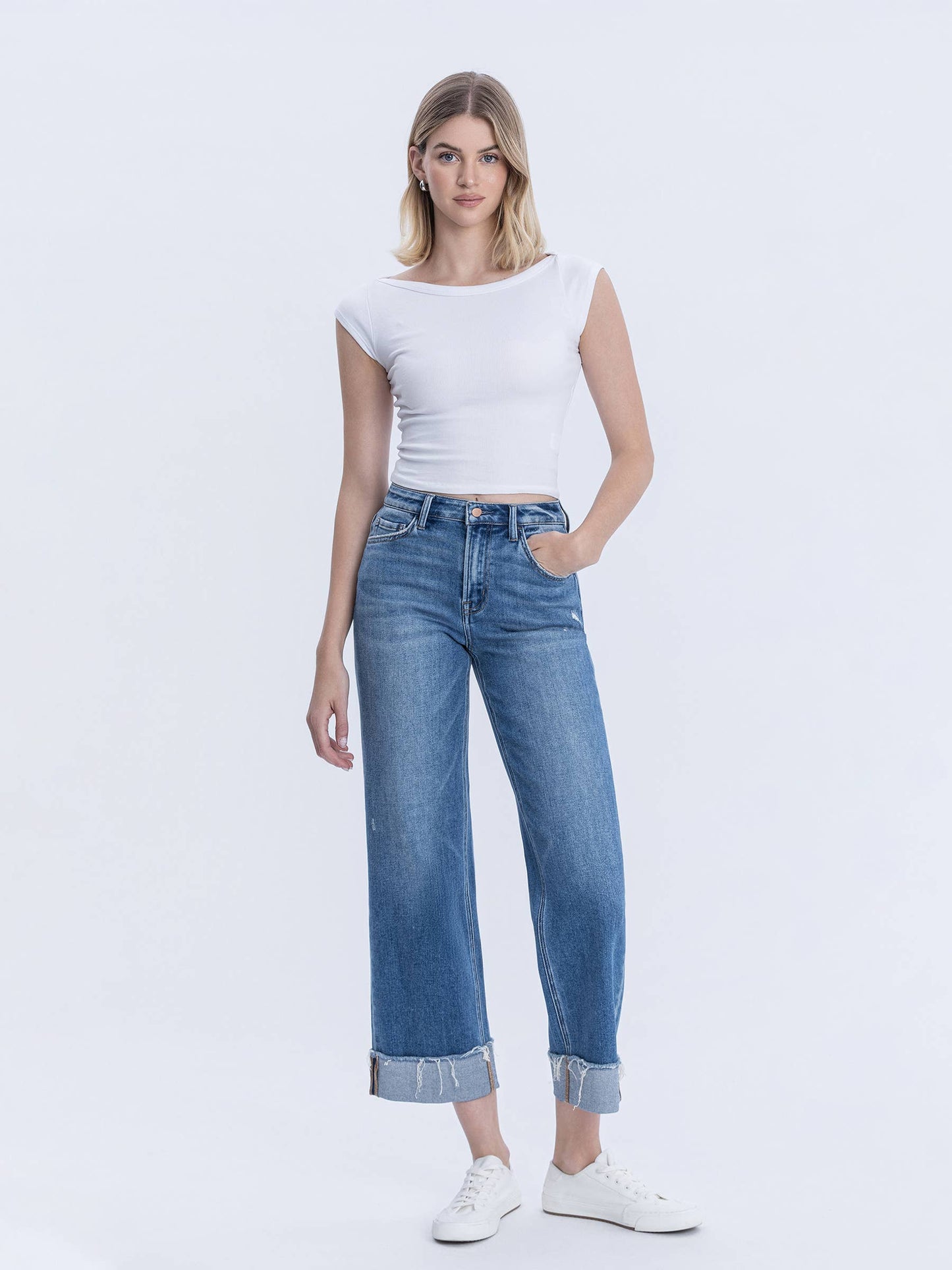 Flying Monkey High Rise Raw Cuffed Hem Slim Wide Jeans (F6204)